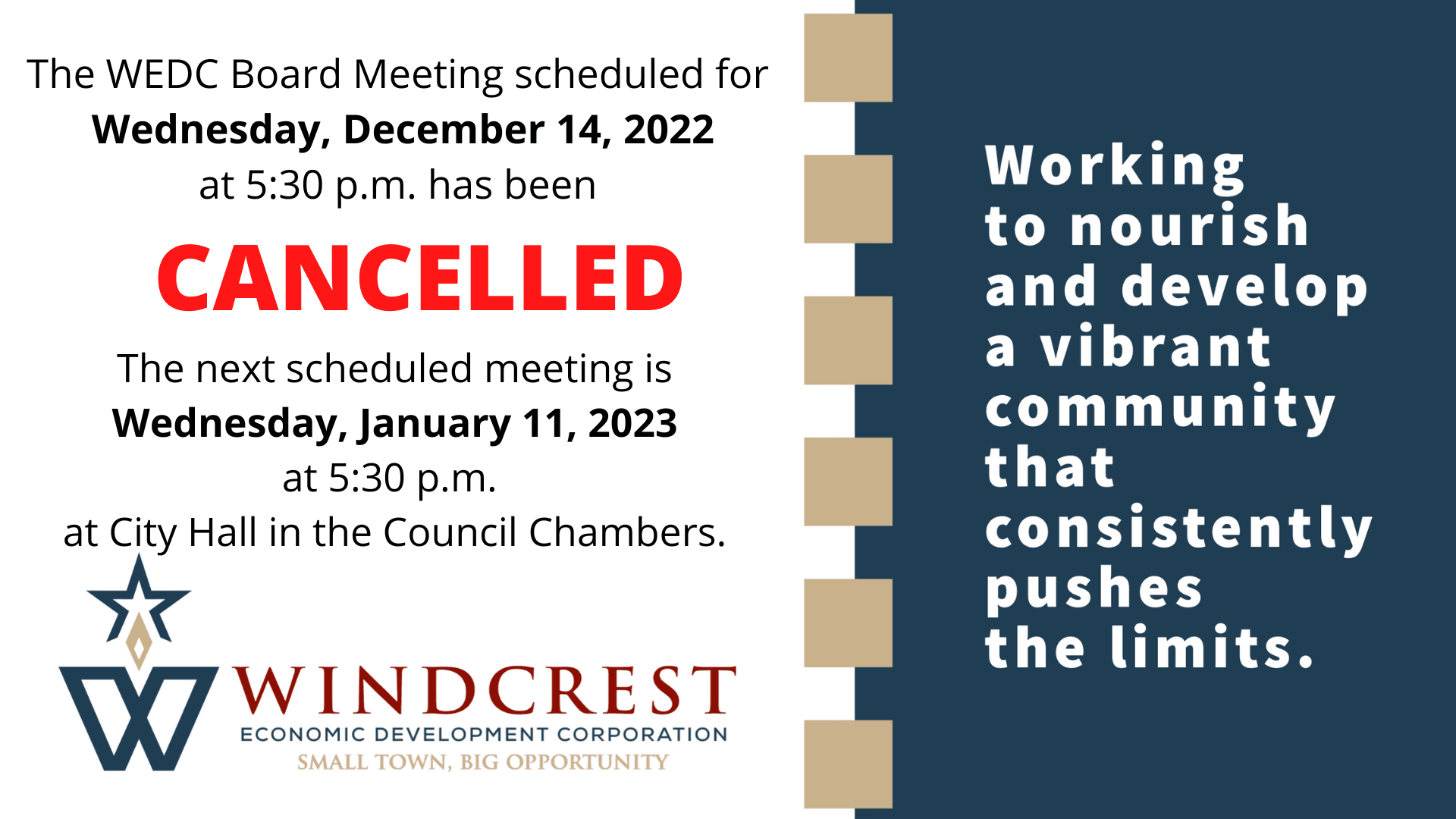 Meeting Cancelled - December 2022